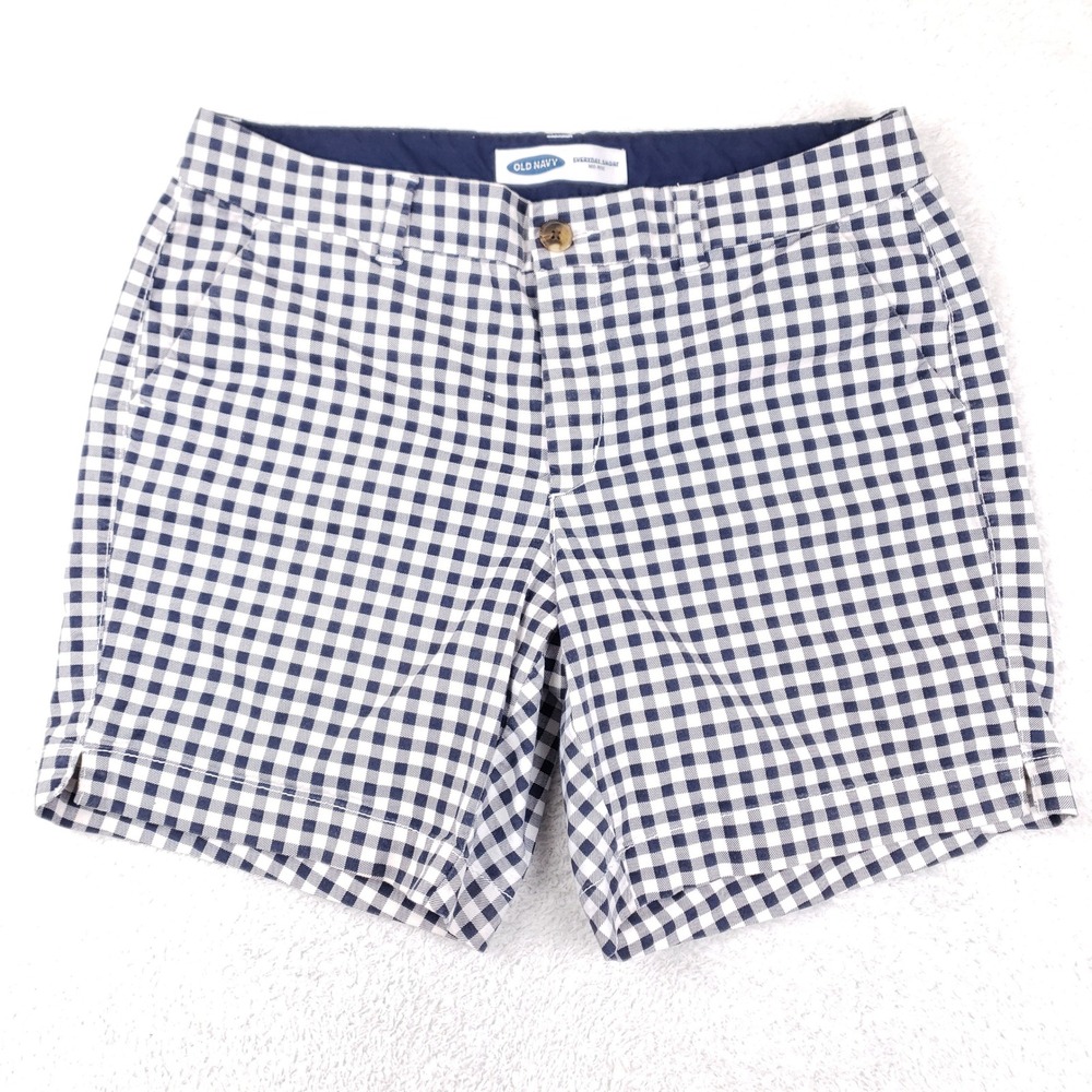 Old Navy Everyday Short Womens 10 Navy Blue White Gingham Check Mid Rise Stretch